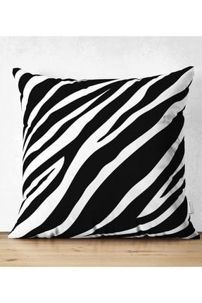 Çift Taraflı Beyaz Zemin Üzerinde Zebra Desenli Dijital Baskılı Modern Süet Yastık Kırlent Kılıfı Suet-K-7607