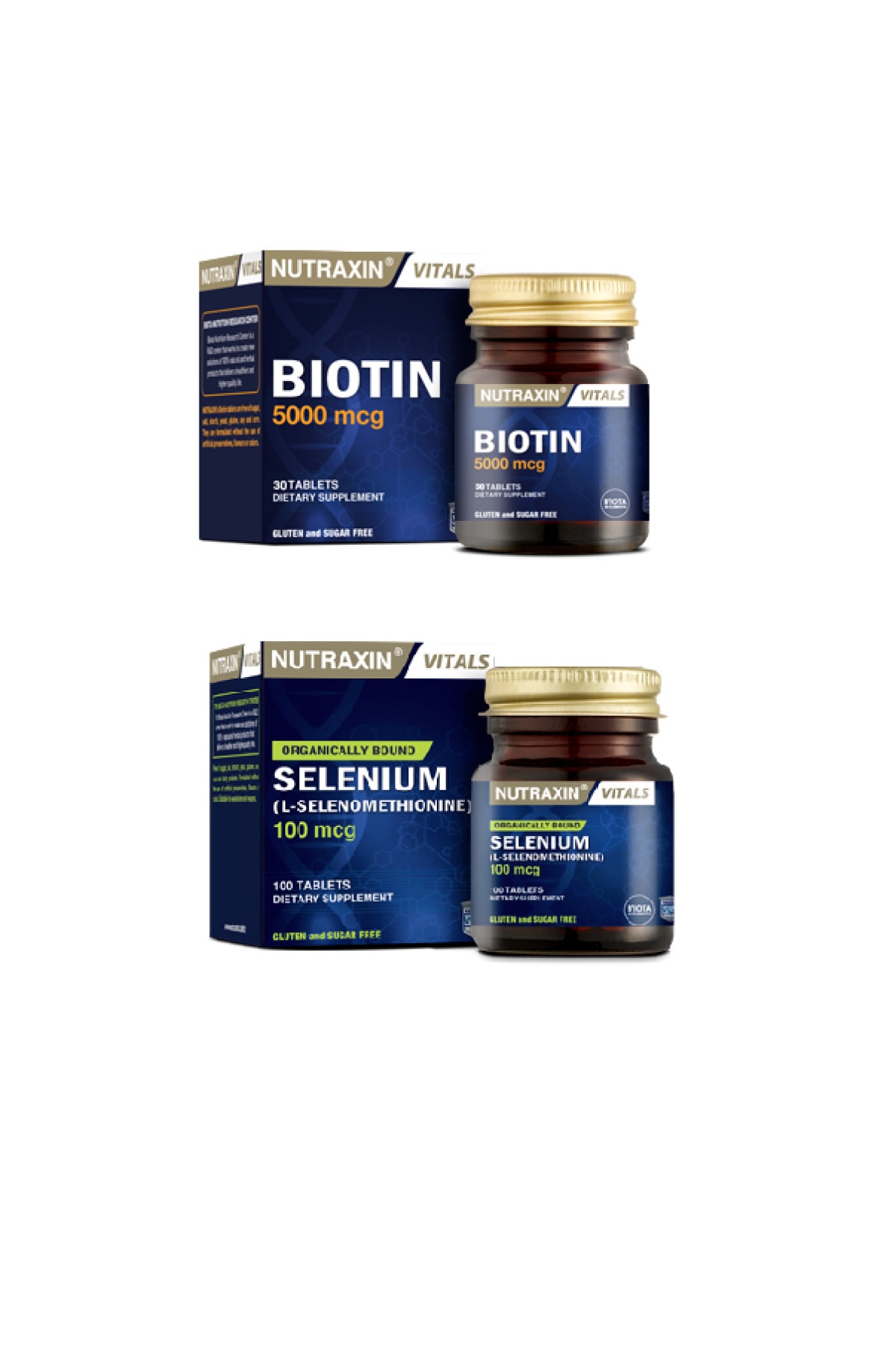 مکمل غذایی حاوی بیوتین ضد ریزش مو 30 قرص + سلنیوم 100 میکروگرم 100 قرص Nutraxin اورجینال - تصویر 1