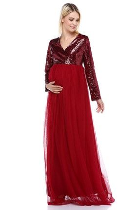 Kadın Kırmızı Uzun Kol Pul Payet Hamile Elbisesi ML011703X
