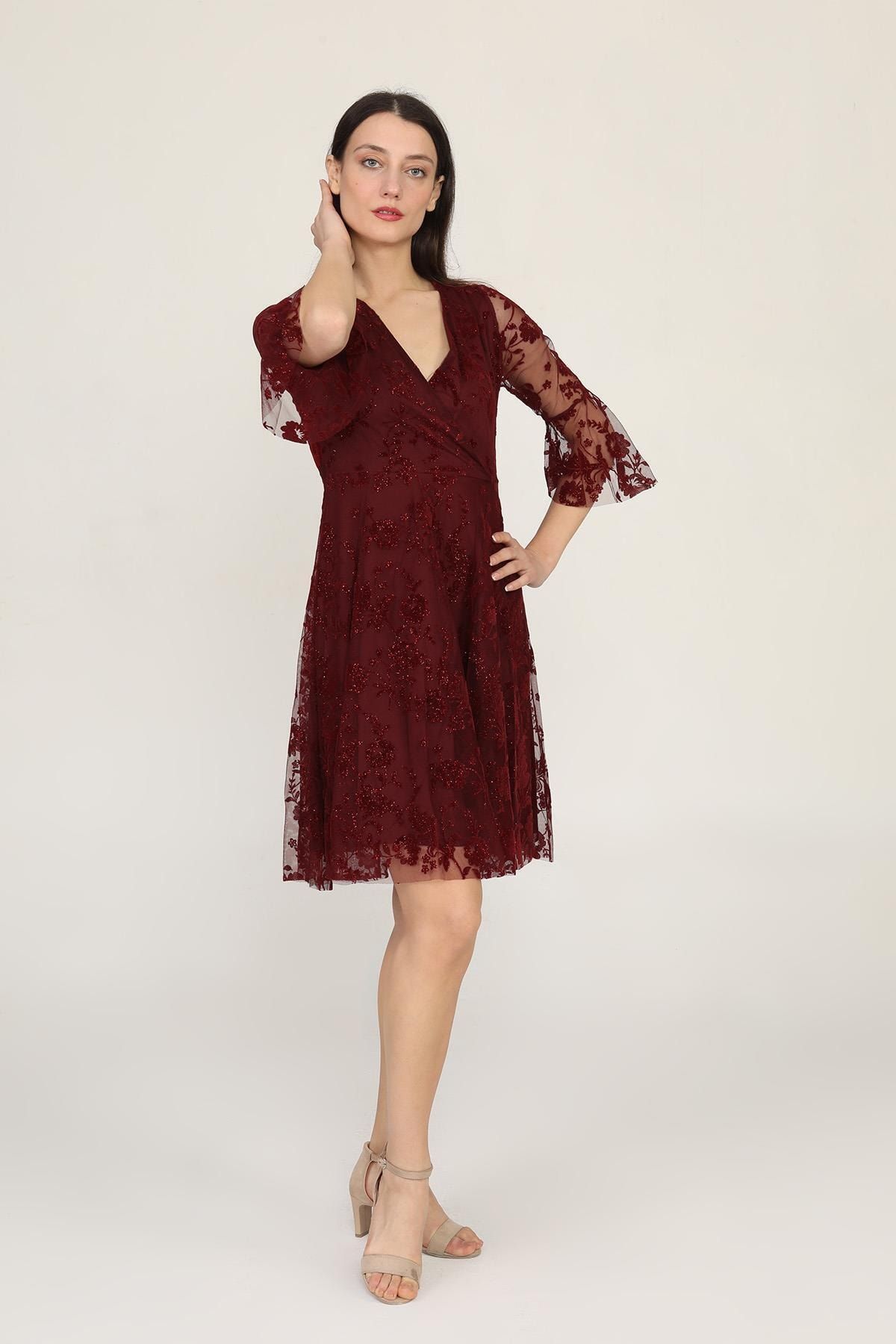 Ceylen-Women's Double Breasted Collar Flywheel Sleeve Glitter Flocked Tulle Mini Dress 2