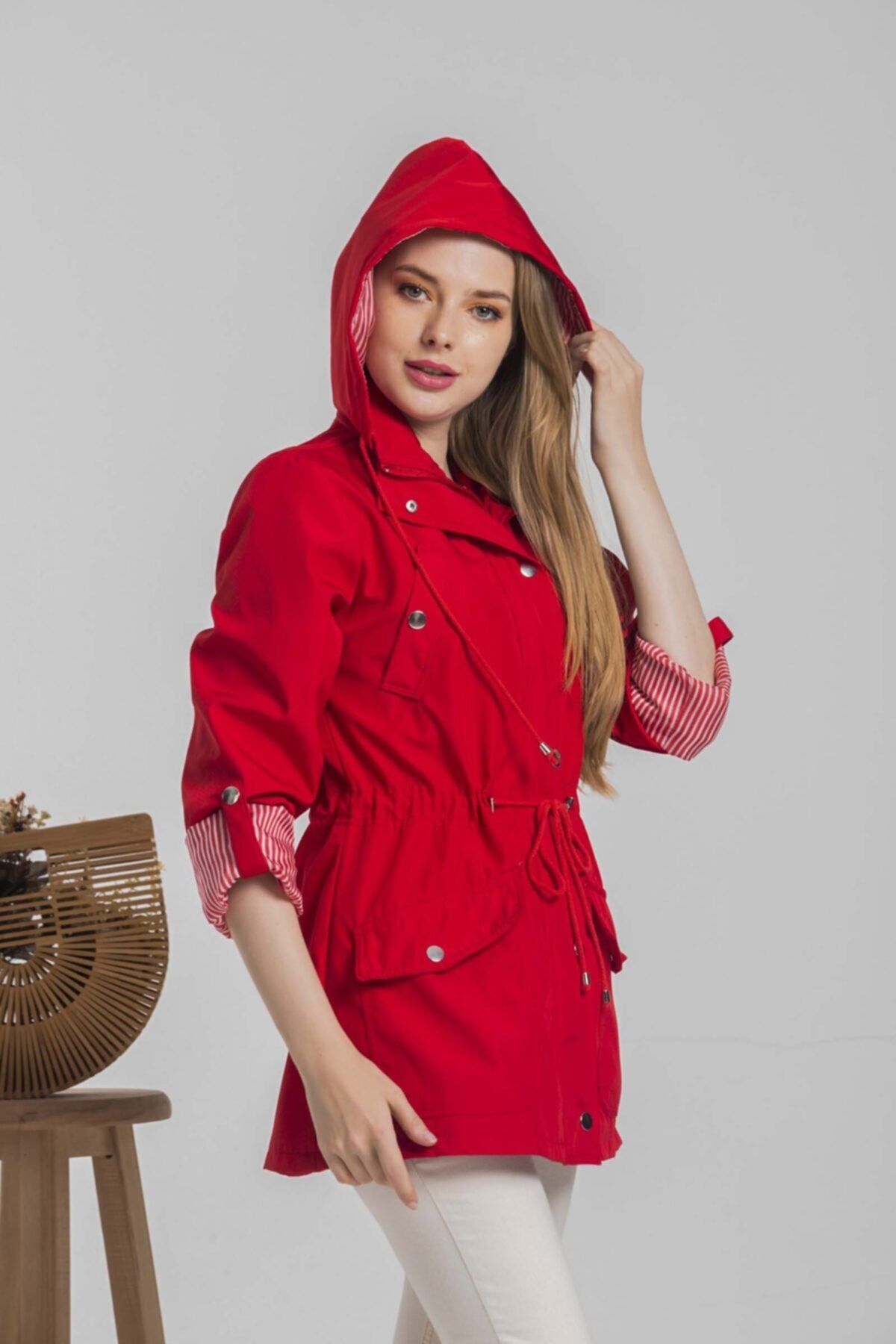 MAREFASHION Women s Red Short Water Repellent Hooded Trench Coat with Waist Drawstring Stripe Detail