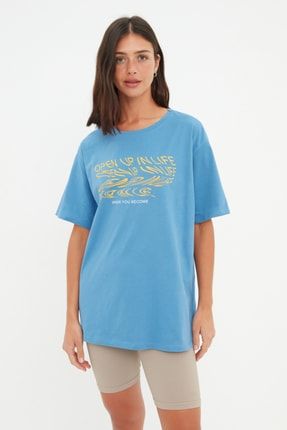 Indigo Baskılı Basic Örme T-Shirt TWOSS22TS2182