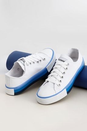 Beyaza Mavi Gön Bağcıklı Kadın Günlük Spor Düz Taban Keten Sneaker 35233 DYZA72135233