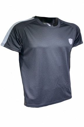Erkek Siyah Gri Kol Şeritli Fitness Spor Koşu Tişört 1305419