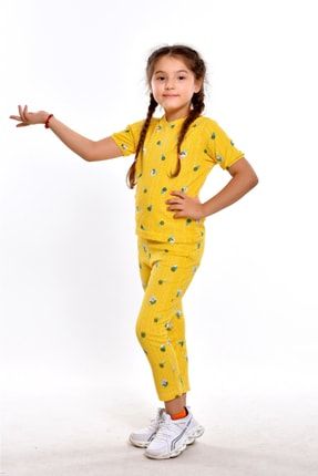 Kız Çocuk Ananas Desenli Sarı Pijama Takımı LTN40803