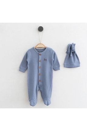 Erkek Bebek Tulum 2'li Mavi Organic Kumaş Patikli Bereli cm002