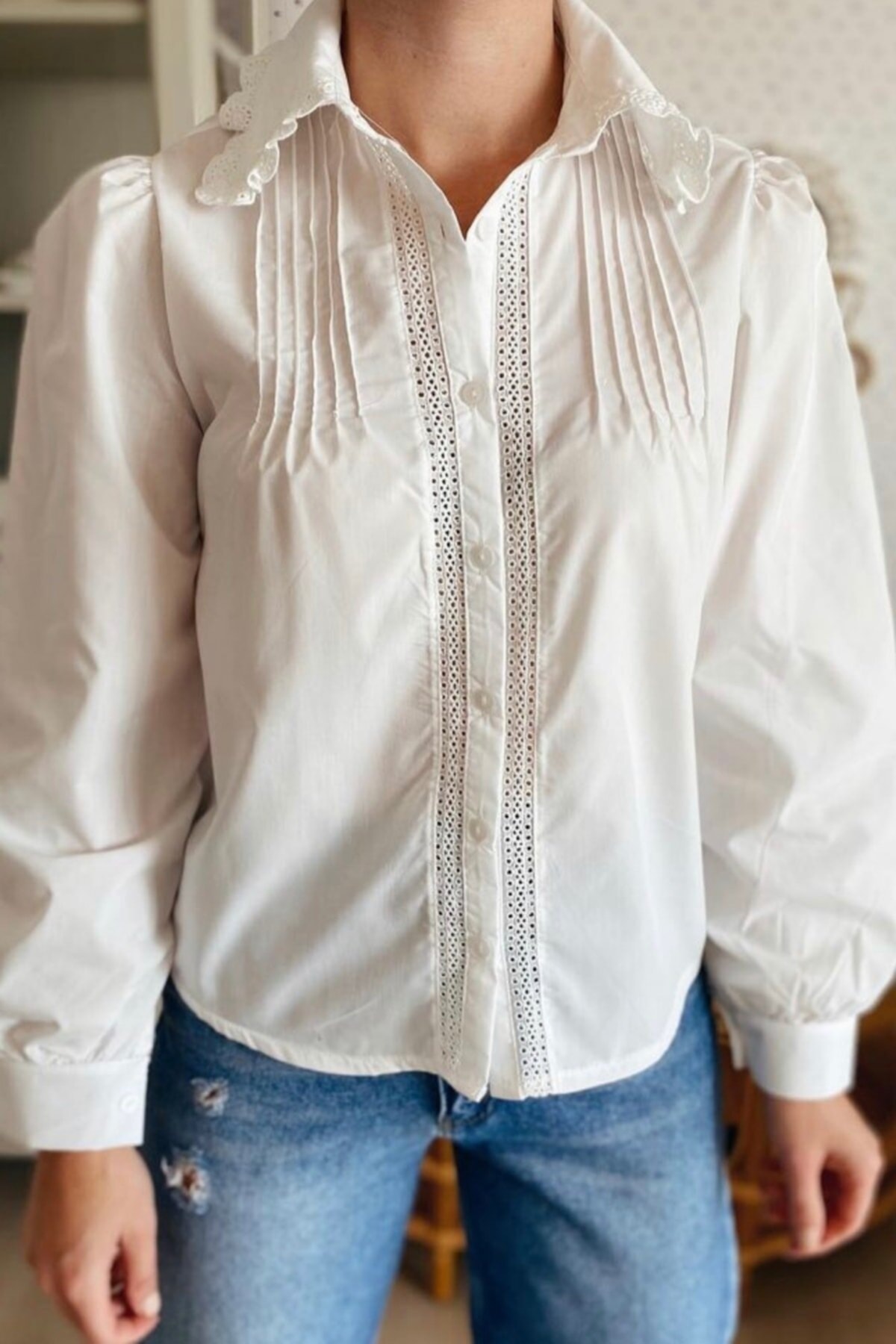 FancyWorld  Yakası Fisto Drape Detaylı Pamuk Gömlek - Görsel 3