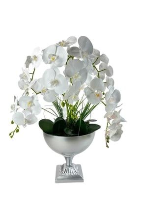 Yapay Çiçek 6 Islak Orkideli Aranjman Kare Ayaklı Konik Metal Mat Gümüş Vazolu Masa Üstü Çiçeği Araj 29007