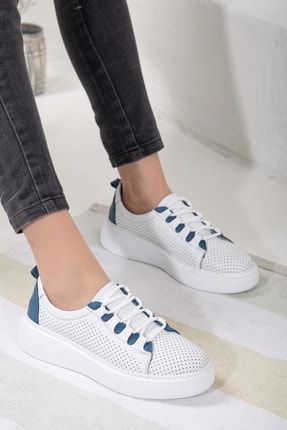 Kadın Sneakers Beyaz Mavi Detaylı Deri Spor P96S421