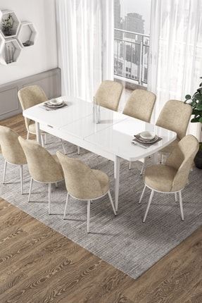 Via Serisi Açılabilir Mutfak Masası Takımı-Beyaz Masa+Krem Sandalye 8 Adet VİABEYAZ8