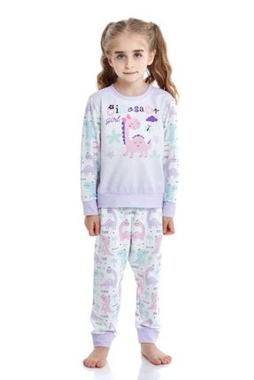 Kız Çocuk Dinozor Baskılı Uzun Kollu Pijama Takımı Lila 322207CA