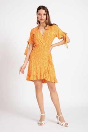 Kadın Oranj Mini Çiçek Desen Elbise 3719