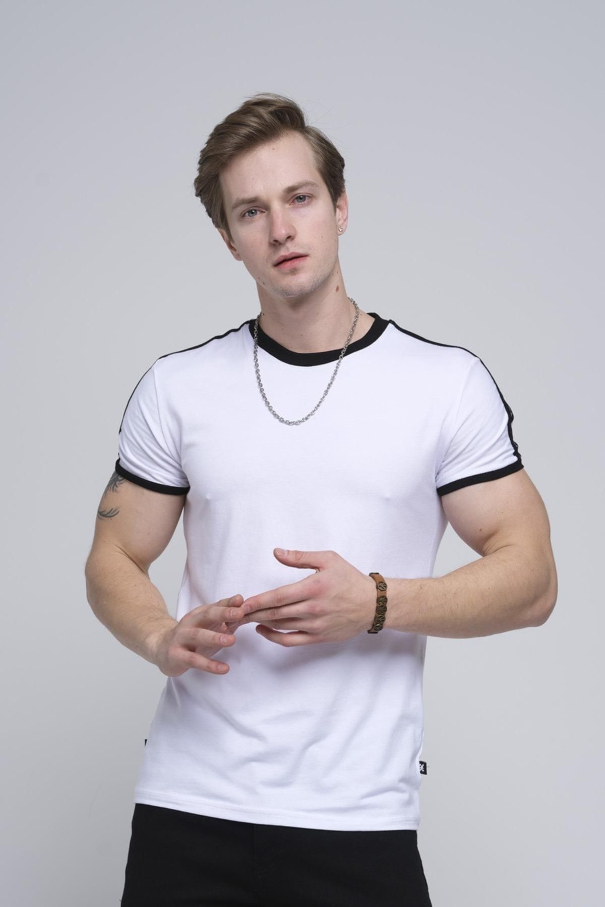 Oksit Marselon Kolu Şeritli Yakası Biyeli Slim Fit Likralı Erkek Tshirt