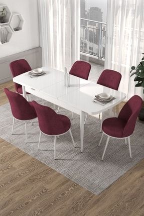 Via Serisi Açılabilir Mutfak Masası Takımı Beyaz Masa +6 Bordo Sandalye PRA-4471396-534365
