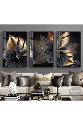 3'lü Soyut Altın Yaprak Çiçekli Çerçeveli Camlı Tablo Seti Siyah Poster Duvar Salon Oturma Odası Gri 2022GLD3LU
