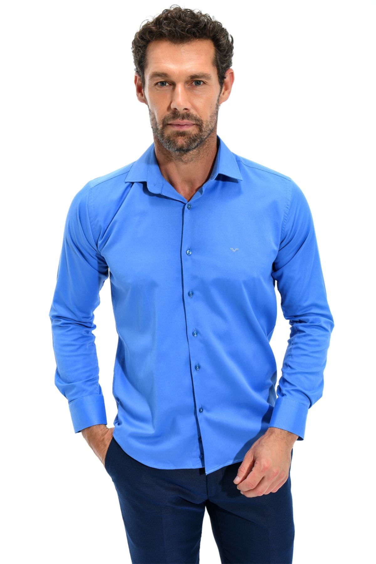 Morven Erkek Mavi Soft Slim Fit Dar Kesim Düz Italyan Yaka Uzun Kollu Gömlek