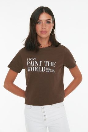 Kahverengi Baskılı Basic Örme T-Shirt TWOSS22TS1622