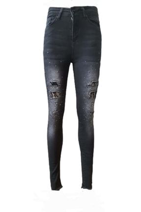 Kadın Denim Siyah Taşlı Lazer Yırtık Bilekte Kot Pantolon 4137 - Siyah - 26 ST02055