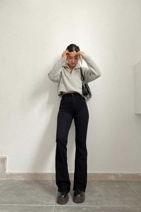 İspanyol Paça Renk Solmaz Siyah Flare Jeans Kot Pantolon 5039