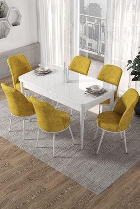 Via Serisi Açılabilir Mutfak Masası Takımı-beyaz Masa+6 Adet Hardal Sandalye VİABEYAZ6