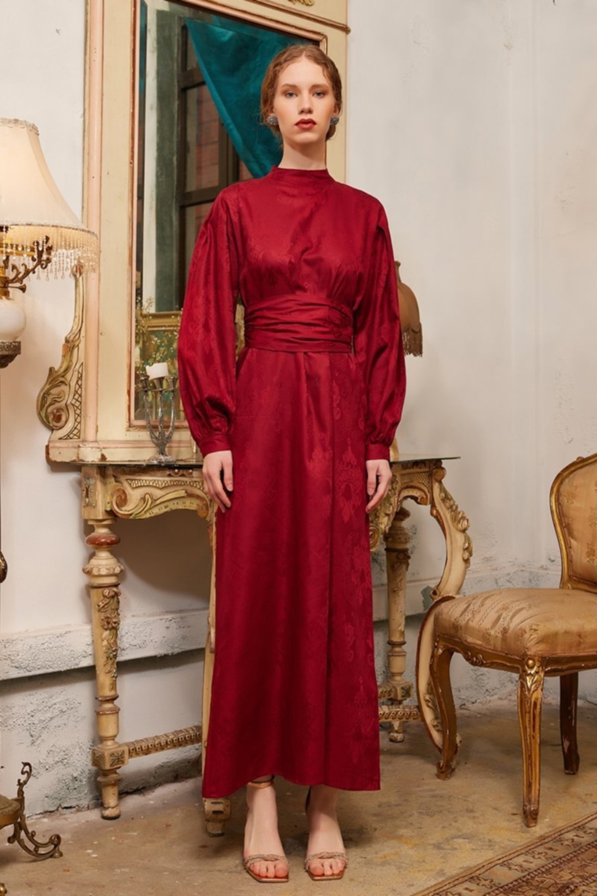Claret Red Jacquard Evening Dress