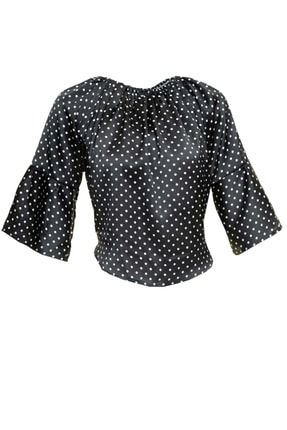 Siyah Beyaz Puantiye Kadın Omzu Açık Bluz WM0108