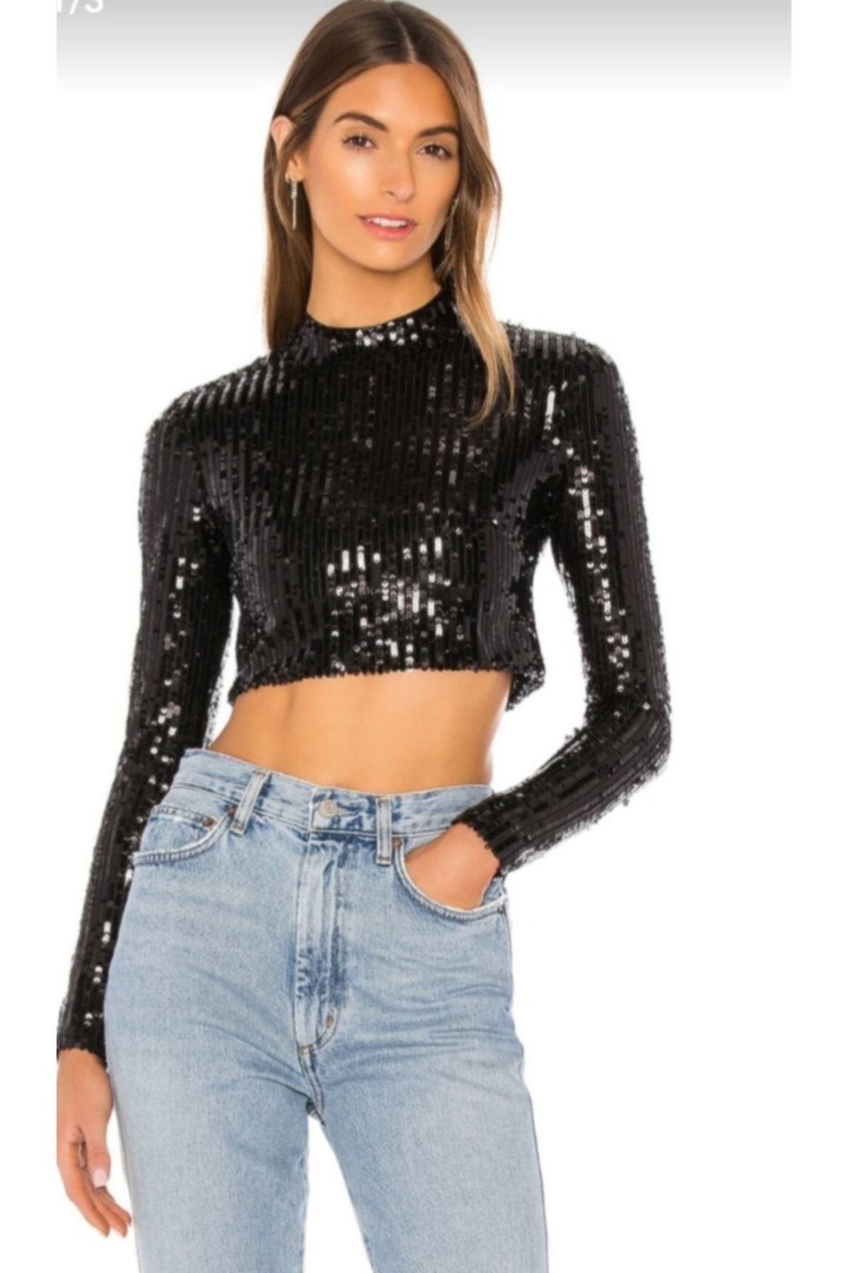 Nsb Tasarım Croptop Negru Cu Paiete Femeie - XS