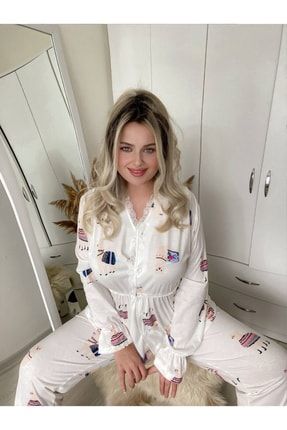Ekru Özel Tasarım Vintage Önden Düğmeli Etnik Desenli Kadın Pijama Takımı 5844 T5844