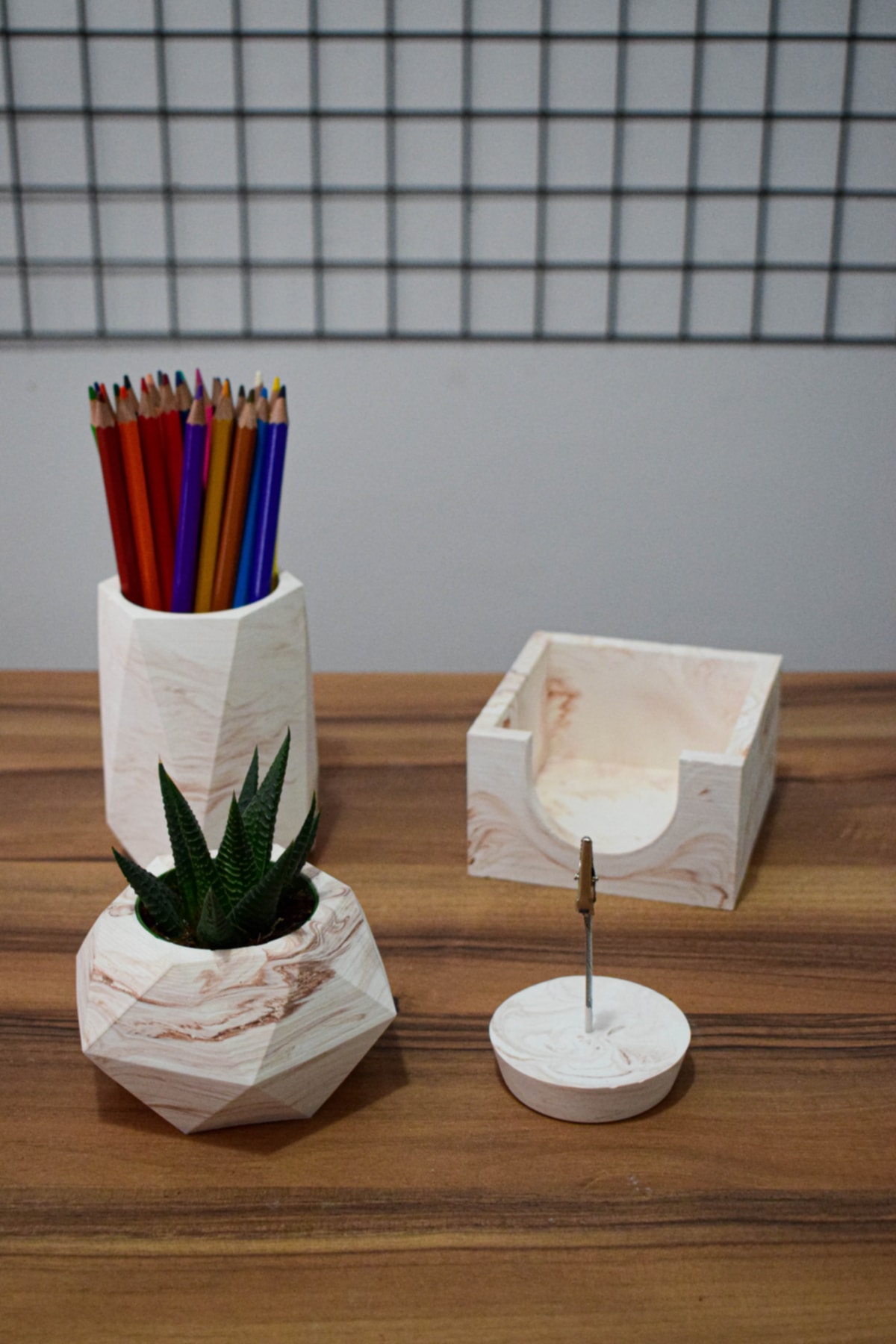 PAYATASARIM Mermer Beton Ofis Seti Kalemlik Saksı Not Tutucu Ve Bloknotluk Kaktüs