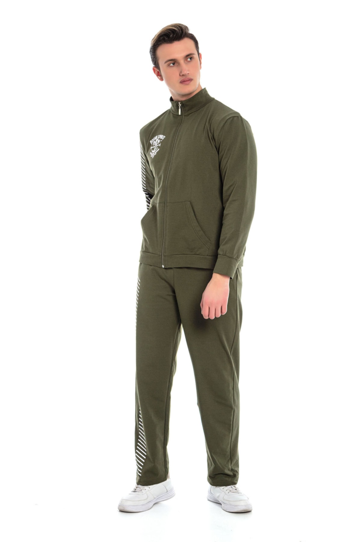 VISHENKA-Men's Printed Patterned Khaki Color Tracksuit Set with 2 Thread Pockets and Zipper Closure 3