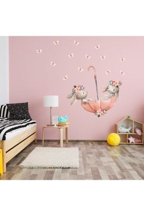 Pembe Şemsiyeli Sevimli Tavşanlar Duvar Sticker Seti 777