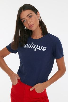 Indigo Baskılı Basic Örme T-Shirt TWOSS22TS2414