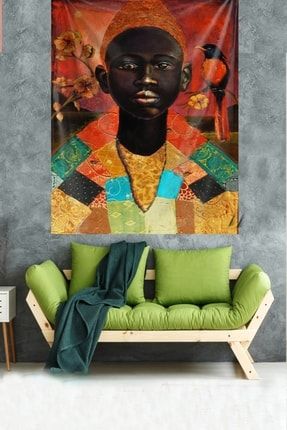 Siyahi Çocuk Bohem Desen Leke Tutmaz Kadife Dokulu Kumaş Duvar Örtüsü Duvar Halısı Tapestry TYC00393012213