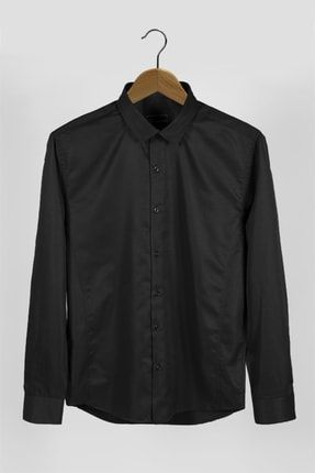 Erkek Italyan Yaka Extra Slim Siyah Premium Klasik Gömlek VAVN22Y-4300632-1