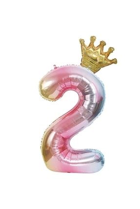 2 Yaş Gökkuşağı Rakam Ve Kral Tacı Folyo Balon Doğum Günü Parti Kutlama Seti BDMTAC