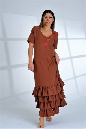 Kadın Kahverengi V Yaka Çiçek Nakışlı Kısa Kollu Etekleri Fırfırlı Uzun Elbise EUKFNE13