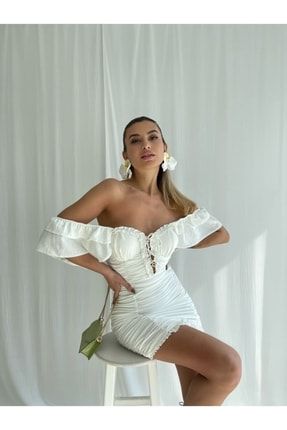 Göğüsü Bağcıklı Drapeli Flam Elbise - Beyaz T3269