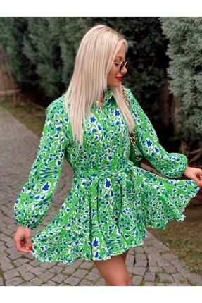 Yeşil, Mendil Etek, Düğmeli Desenli Mini Elbise elbs0053