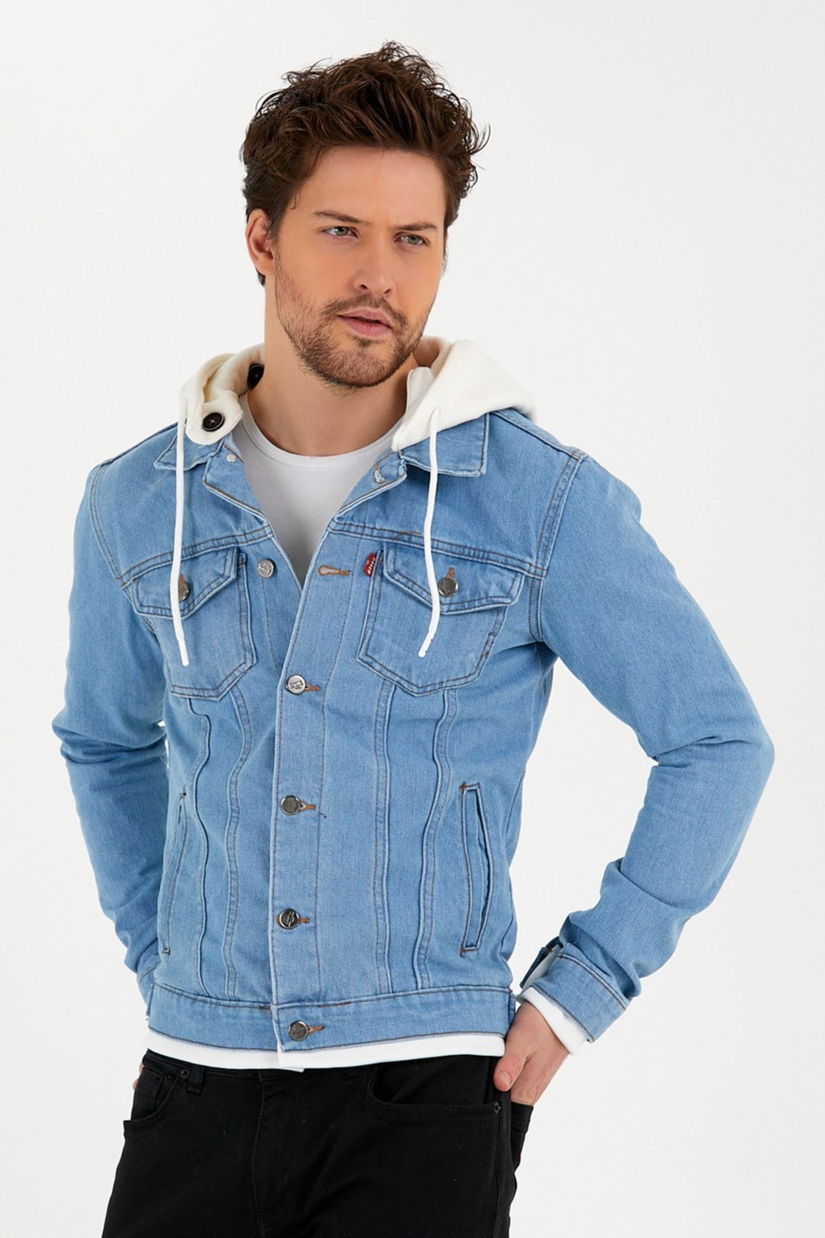Denim jacket with hoody hot sale
