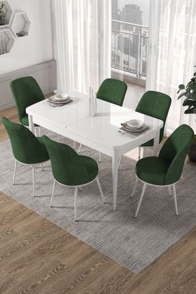 Via Serisi Açılabilir Mutfak Masası Takımı-beyaz Masa+6 Adet Yeşil Sandalye VİABEYAZ6