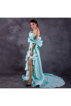 Özel Tasarım Couture Kol Detaylı Uzun Fırfırlı Abiye Elbise Mavi RAF27