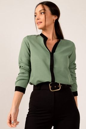 Kadın Yeşil Önü Şeritli Gömlek ARM-18K001255
