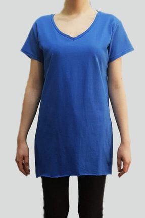 Kadın V Yaka Mavi Uzun Pamuklu T-shirt 3491