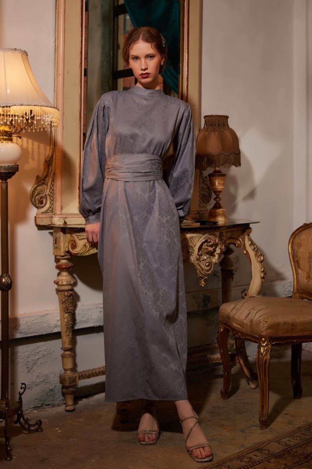 Grey Jacquard Evening Dress