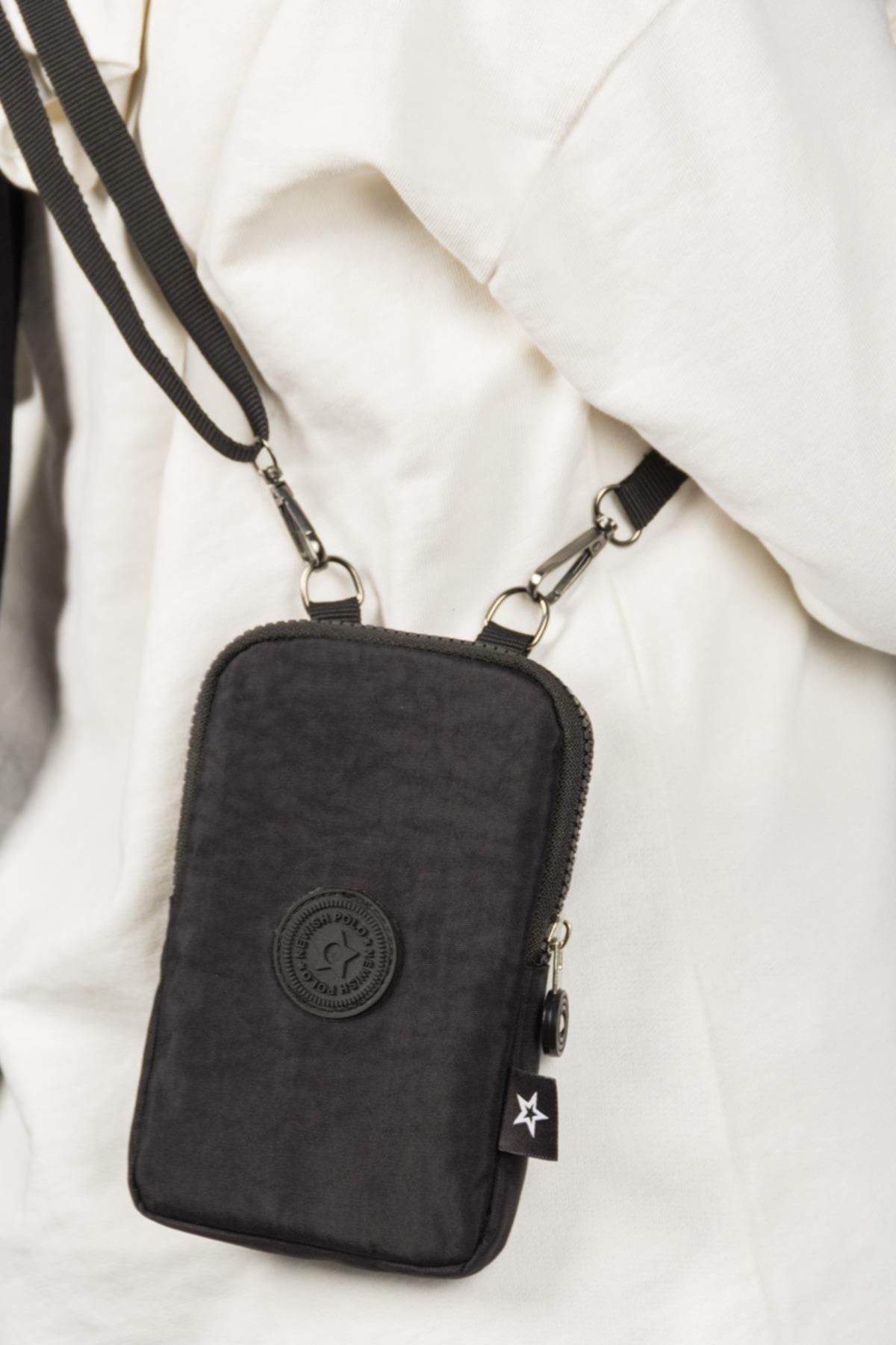 Newish Polo Yuppy Club Kadın Siyah Su Geçirmez Krinkıl Mini Telefon Cüzdan Boyun Askılı Çapraz Omuz Bel Çanta ZO10679