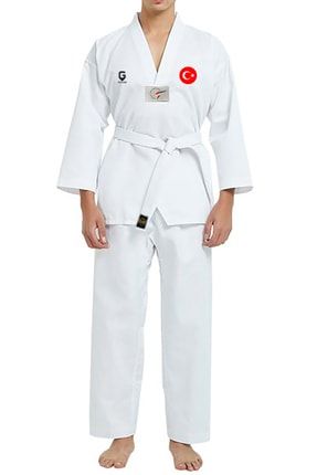 Fitilli Beyaz Yaka Baskılı Taekwondo Elbisesi Dobok TGBTEW2