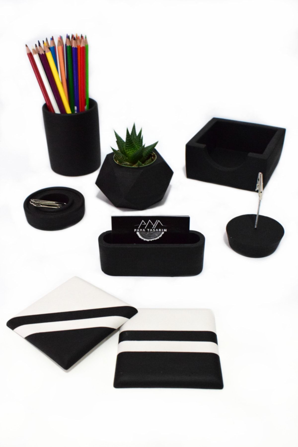 PAYATASARIM-Concrete Office Set Pen Holder Flower Pot Note Holder Cup Holder Memo Pad Holder Paper Clip Holder Business Card Holder Cactus 1