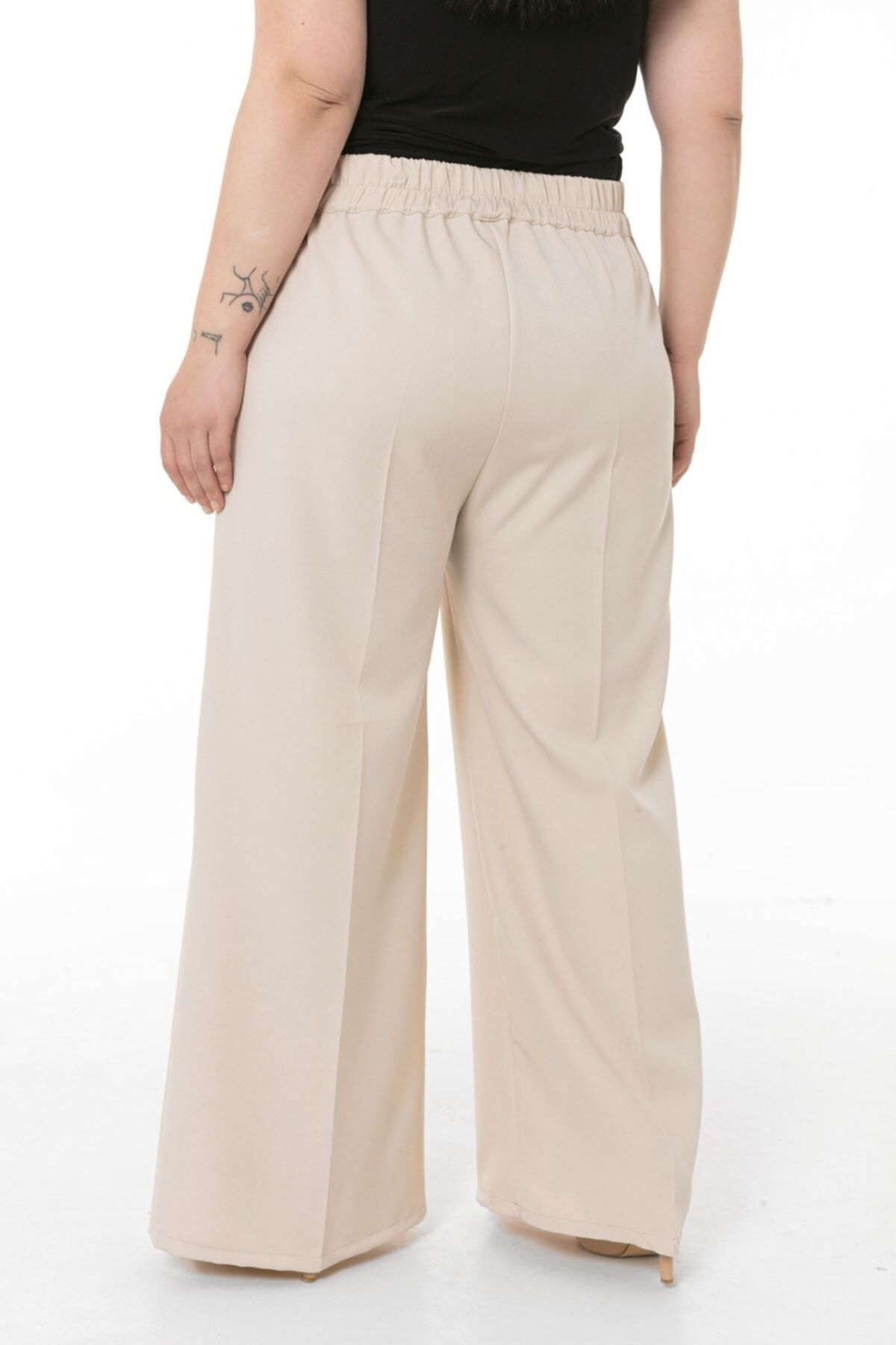 DISENTIS MODEST-Plus Size Wide Leg Double Beige Trousers with Elastic Waist and Side and Back 3