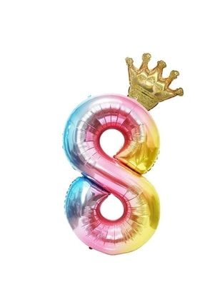 8 Yaş Gökkuşağı Rakam Ve Kral Tacı Folyo Balon Doğum Günü Parti Kutlama Seti BDMTAC