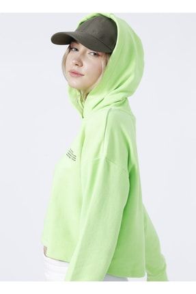 Kapüşonlu Crop Baskılı Kadın Neon Yeşil Sweatshirt - K-gaıa-y 5002777394